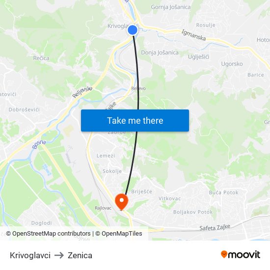 Krivoglavci to Zenica map