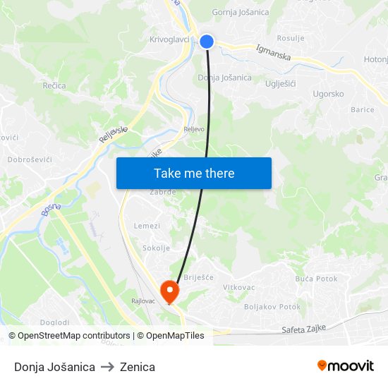 Donja Jošanica to Zenica map