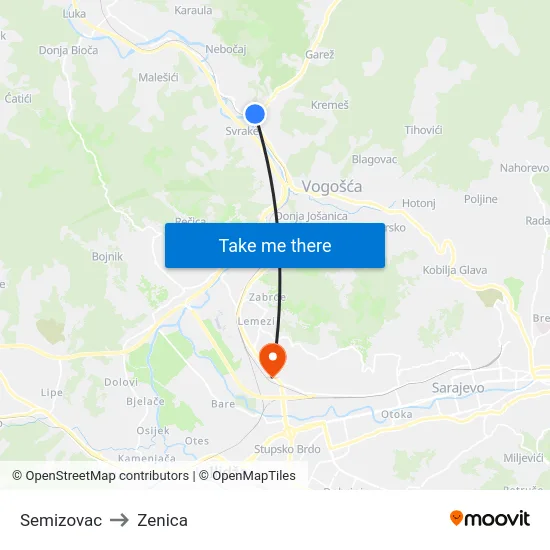 Semizovac to Zenica map
