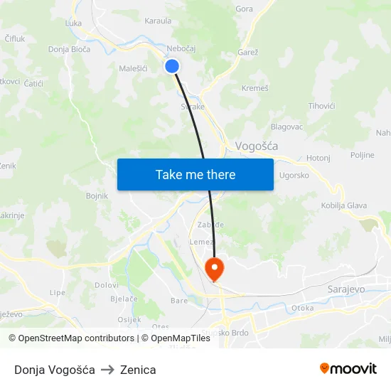 Donja Vogošća to Zenica map