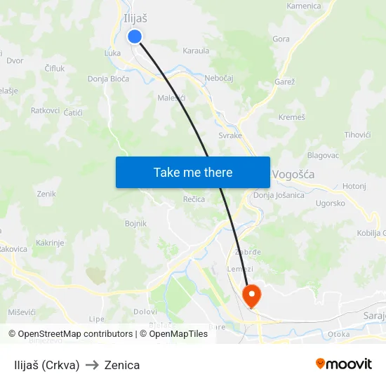 Ilijaš (Crkva) to Zenica map