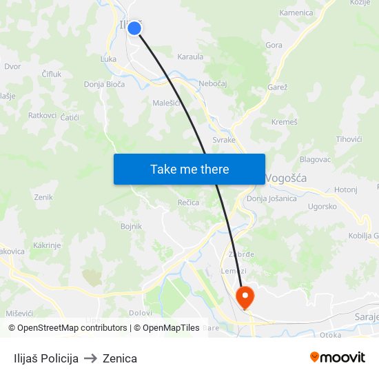 Ilijaš Policija to Zenica map