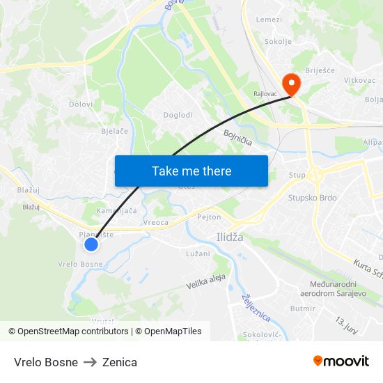 Vrelo Bosne to Zenica map