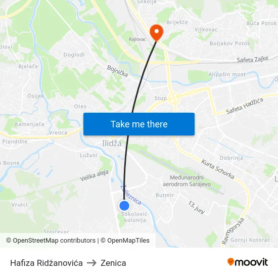 Hafiza Ridžanovića to Zenica map