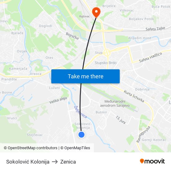 Sokolović Kolonija to Zenica map