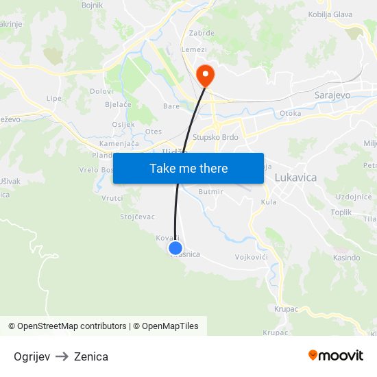 Ogrijev to Zenica map