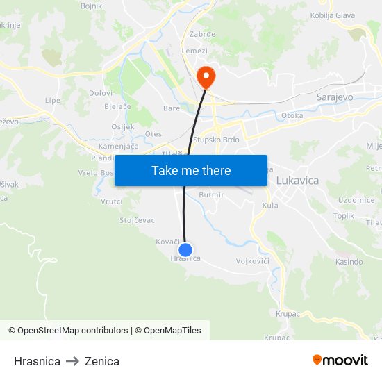 Hrasnica to Zenica map