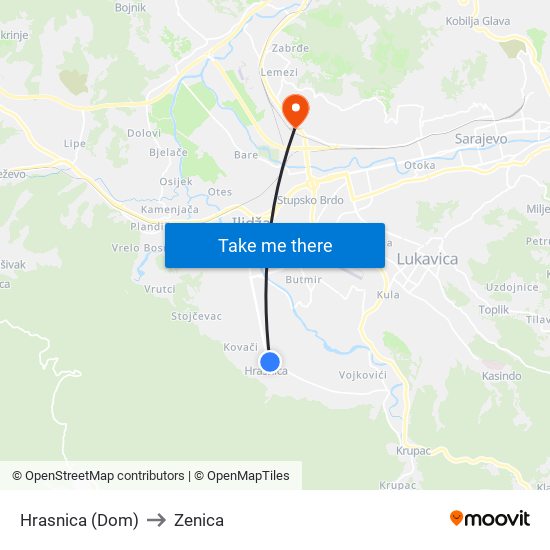 Hrasnica (Dom) to Zenica map