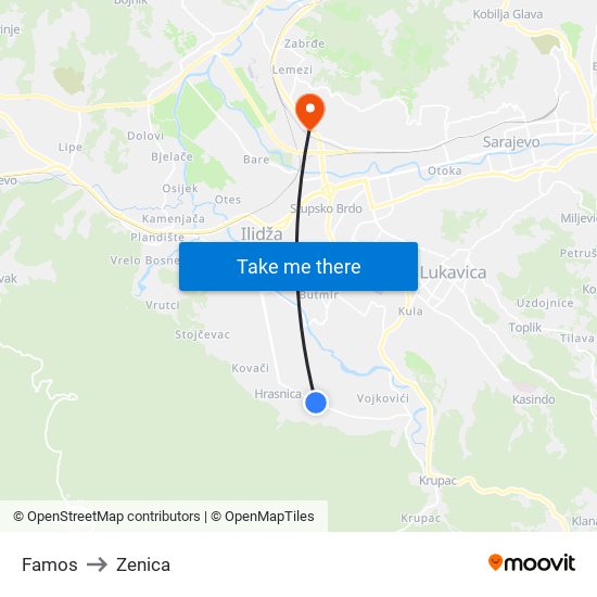 Famos to Zenica map