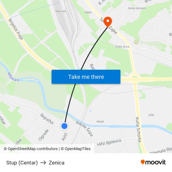 Stup (Centar) to Zenica map