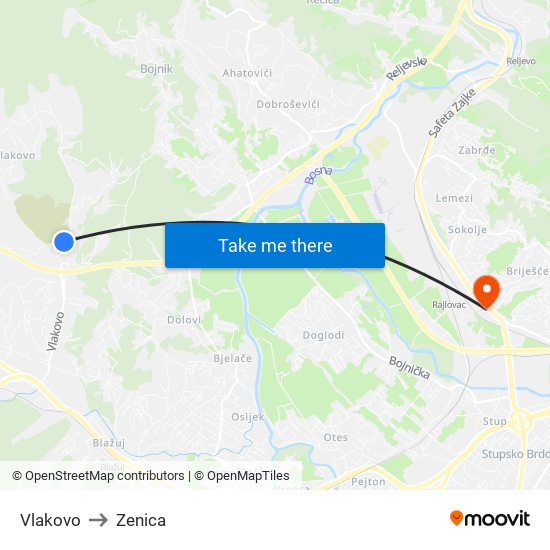 Vlakovo to Zenica map