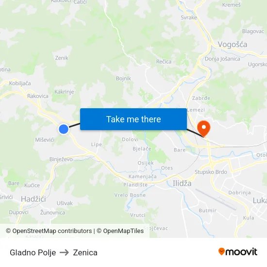 Gladno Polje to Zenica map