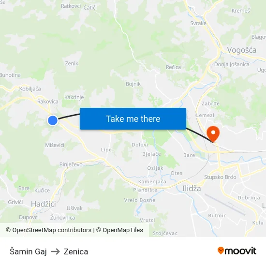Šamin Gaj to Zenica map