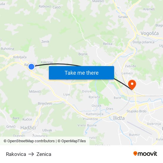 Rakovica to Zenica map