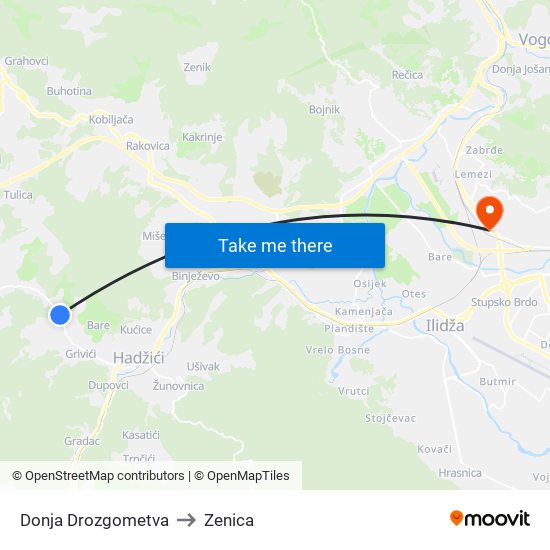 Donja Drozgometva to Zenica map