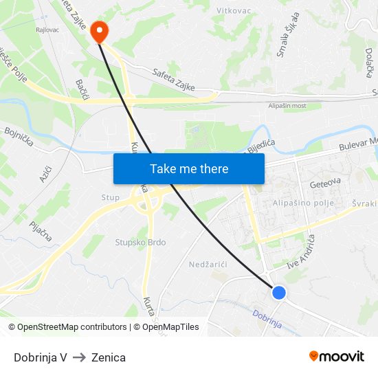 Dobrinja V to Zenica map