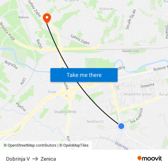 Dobrinja V to Zenica map