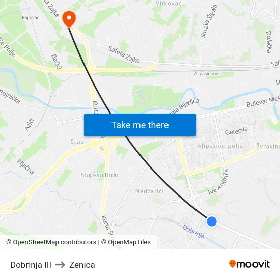 Dobrinja III to Zenica map