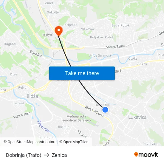 Dobrinja (Trafo) to Zenica map