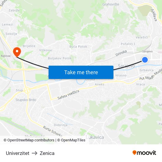 Univerzitet to Zenica map