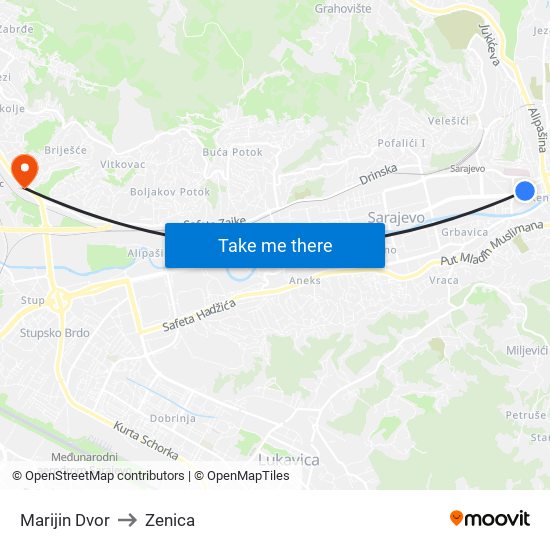 Marijin Dvor to Zenica map