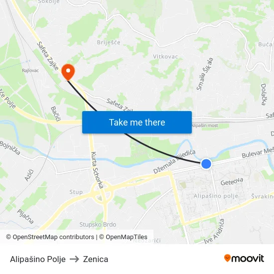 Alipašino Polje to Zenica map