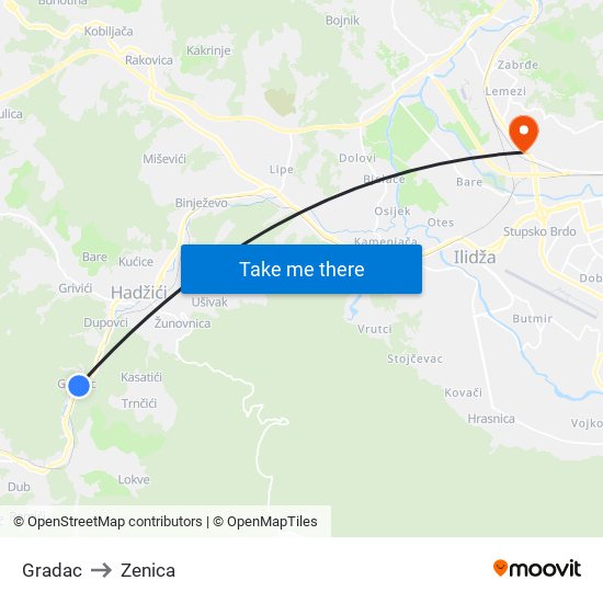 Gradac to Zenica map