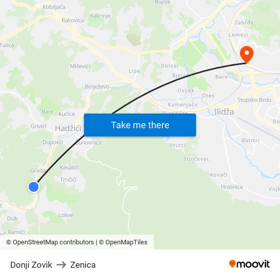Donji Zovik to Zenica map
