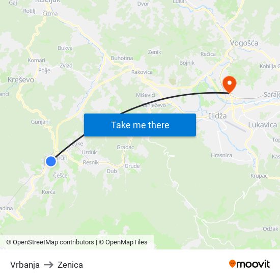 Vrbanja to Zenica map