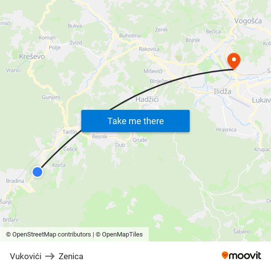 Vukovići to Zenica map