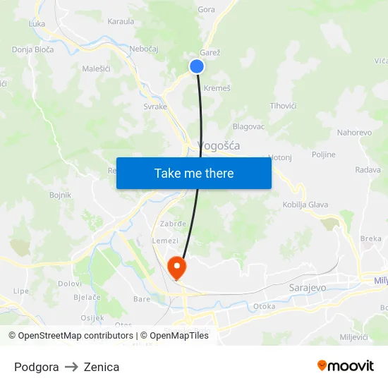 Podgora to Zenica map