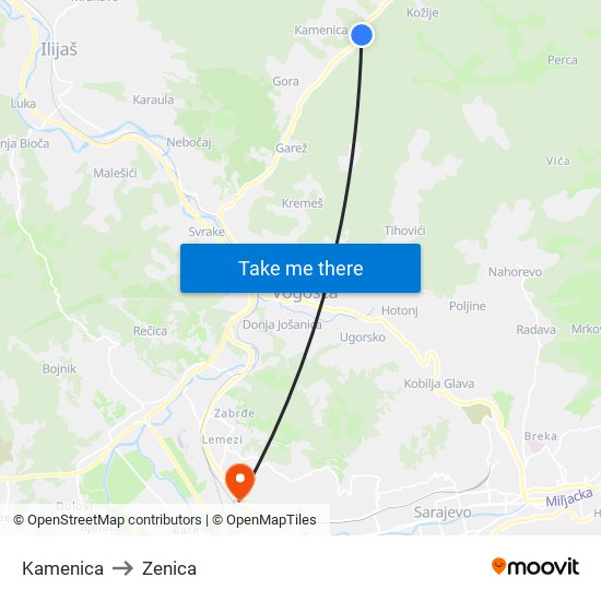 Kamenica to Zenica map