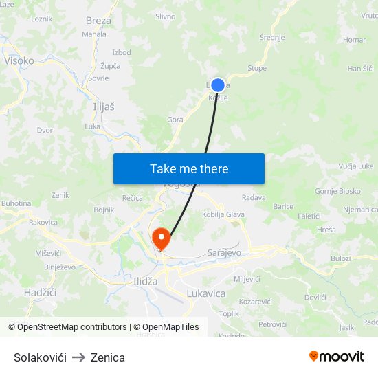 Solakovići to Zenica map