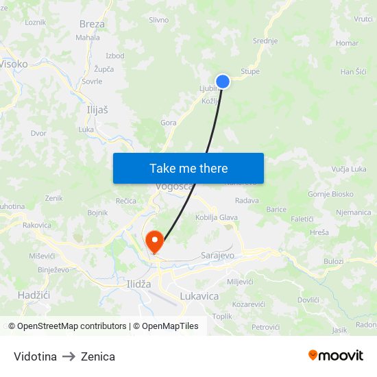 Vidotina to Zenica map