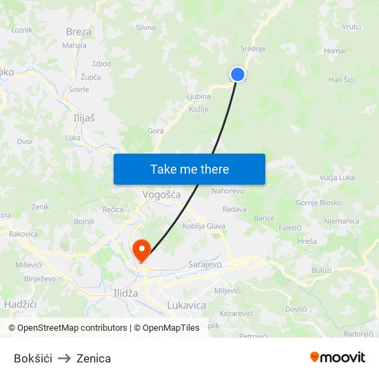 Bokšići to Zenica map