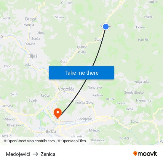 Medojevići to Zenica map