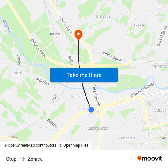 Stup to Zenica map