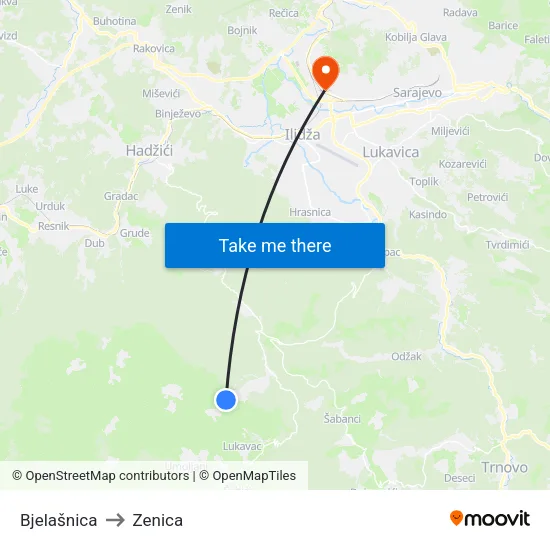Bjelašnica to Zenica map