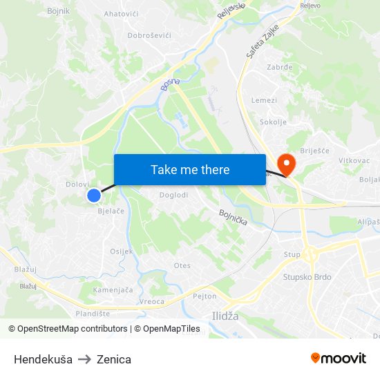Hendekuša to Zenica map