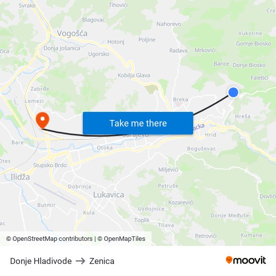 Donje Hladivode to Zenica map