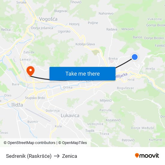 Sedrenik (Raskršće) to Zenica map