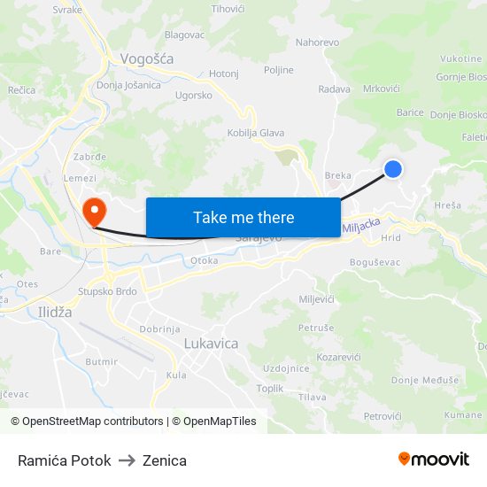 Ramića Potok to Zenica map