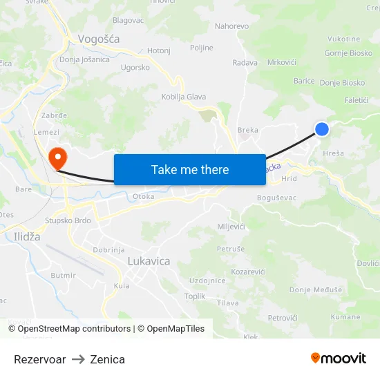 Rezervoar to Zenica map