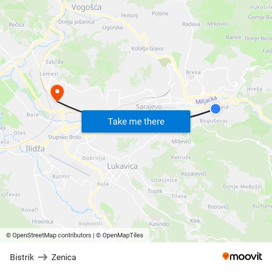 Bistrik to Zenica map