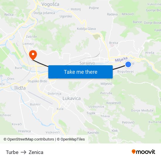 Turbe to Zenica map
