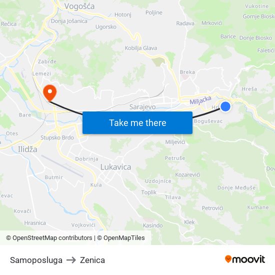Samoposluga to Zenica map