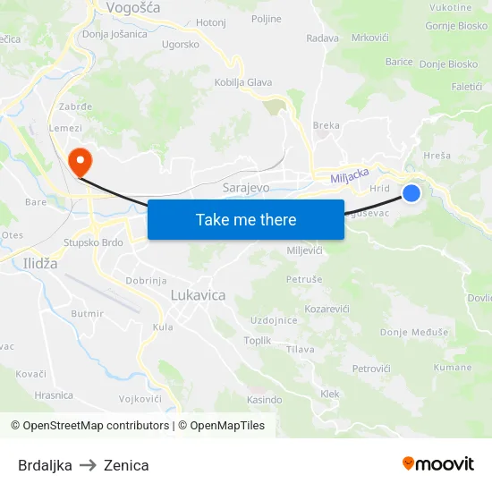 Brdaljka to Zenica map