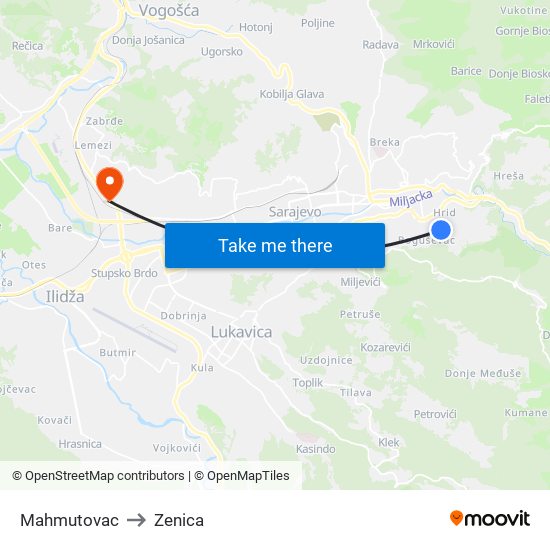 Mahmutovac to Zenica map