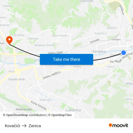 Kovačići to Zenica map