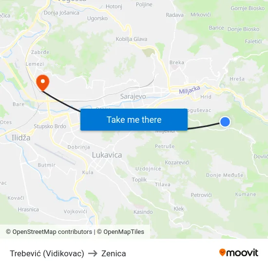 Trebević (Vidikovac) to Zenica map